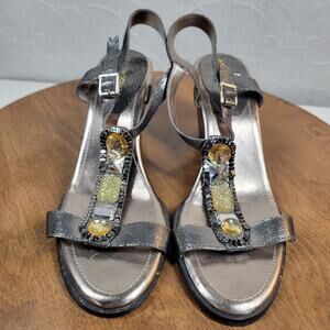 Arturo Chiang Womens Wedge Sandals 8.5 Silver Rhinestones Open Toe Ankle Strap